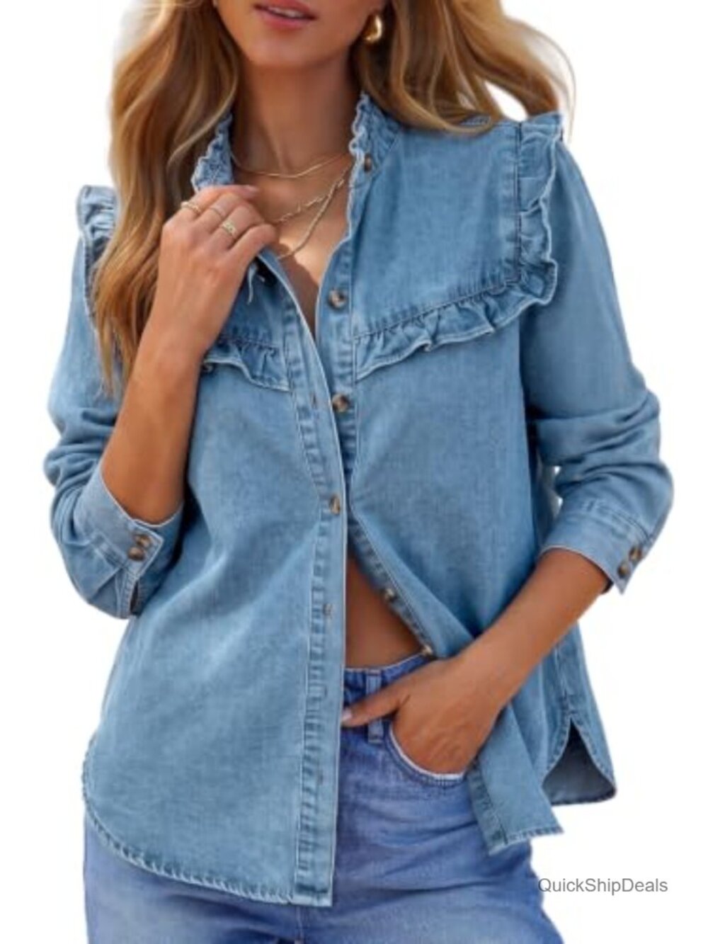 Women's Denim Chambray Ruffle Collar Button Down Long Sleeve Shirt